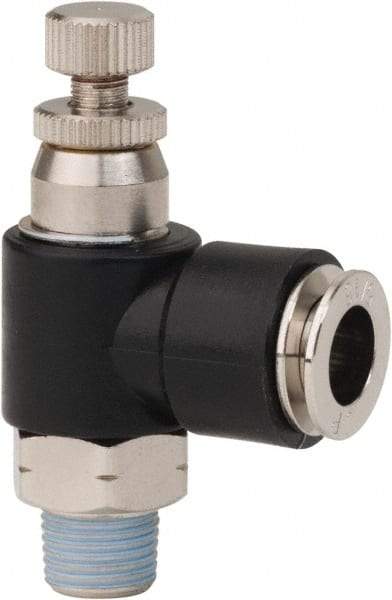 PRO-SOURCE - 1/8" NPT x 5/16" Tube OD Right Angle Flow Control Valve - 0 to 113.76 psi & Techno Polymer, Brass, Steel Material - Industrial Tool & Supply