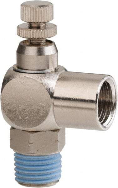 PRO-SOURCE - 1/4" Male NPT x 1/4" Female NPT Right Angle Flow Control Valve - 0 to 113.76 psi & Nickel Plated Brass Material - Industrial Tool & Supply