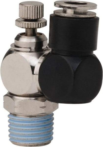 PRO-SOURCE - 1/4" Male NPT x 1/4" Tube OD Flow Control Offset Inline Valve - 0 to 113.76 psi & Techno Polymer, Brass, Steel Material - Industrial Tool & Supply