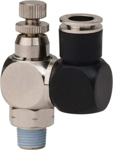 Value Collection - 1/8" Male NPT x 5/16" Tube OD Flow Control Offset Inline Valve - 0 to 113.76 psi & Techno Polymer, Brass, Steel Material - Industrial Tool & Supply