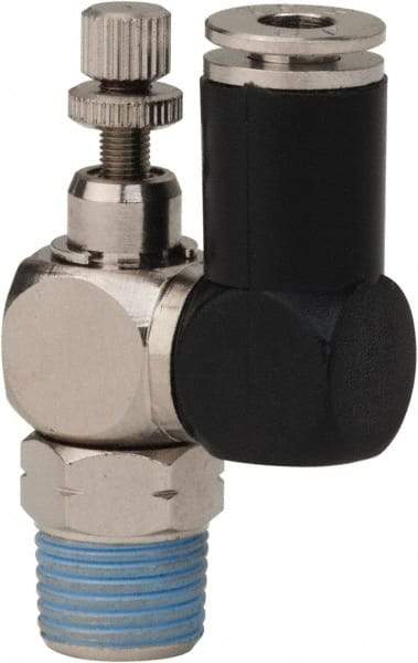 Value Collection - 1/8" Male NPT x 5/32" Tube OD Flow Control Offset Inline Valve - 0 to 113.76 psi & Techno Polymer, Brass, Steel Material - Industrial Tool & Supply