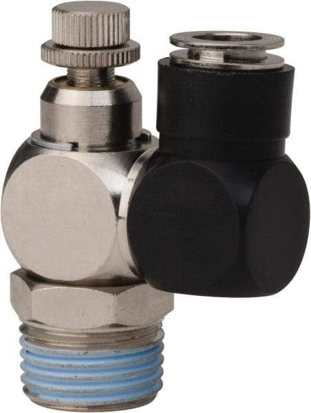 Value Collection - 1/2" Male NPT x 3/8" Tube OD Flow Control Offset Inline Valve - 0 to 113.76 psi & Techno Polymer, Brass, Steel Material - Industrial Tool & Supply