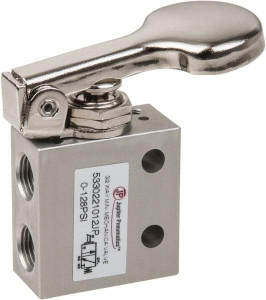 PRO-SOURCE - 1/8" NPT 3 Way, 2 Position Mini Mechanical Valve - 0.298 CV Rate, 7 CFM, 127.98 Max psi, Finger Button/Spring Actuator - Industrial Tool & Supply