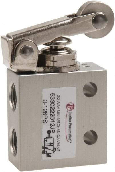 Value Collection - 1/8" NPT 3 Way, 2 Position Mini Mechanical Valve - 0.298 CV Rate, 7 CFM, 127.98 Max psi, Roller Lever/Spring Actuator - Industrial Tool & Supply