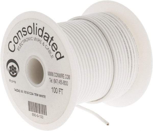 Made in USA - 16 AWG, 26 Strand, 100' OAL, Tinned Copper Hook Up Wire - White PVC Jacket, 0.117" Diam - Industrial Tool & Supply