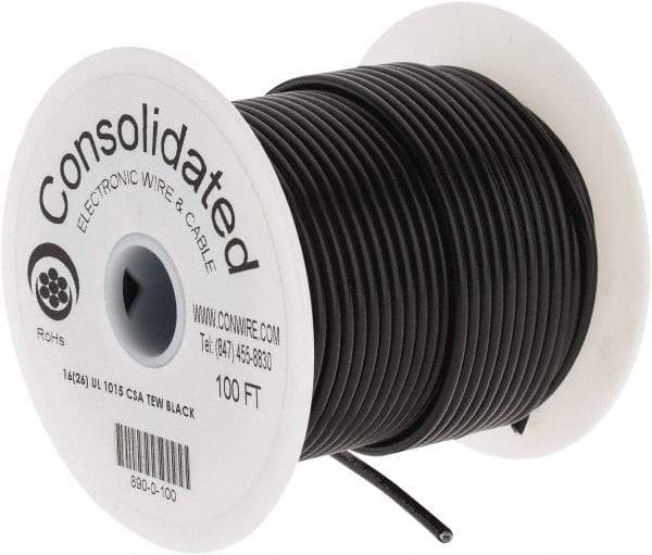 Made in USA - 16 AWG, 26 Strand, 100' OAL, Tinned Copper Hook Up Wire - Black PVC Jacket, 0.117" Diam - Industrial Tool & Supply