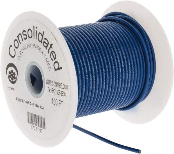 Made in USA - 18 AWG, 16 Strand, 100' OAL, Tinned Copper Hook Up Wire - Blue PVC Jacket, 0.106" Diam - Industrial Tool & Supply