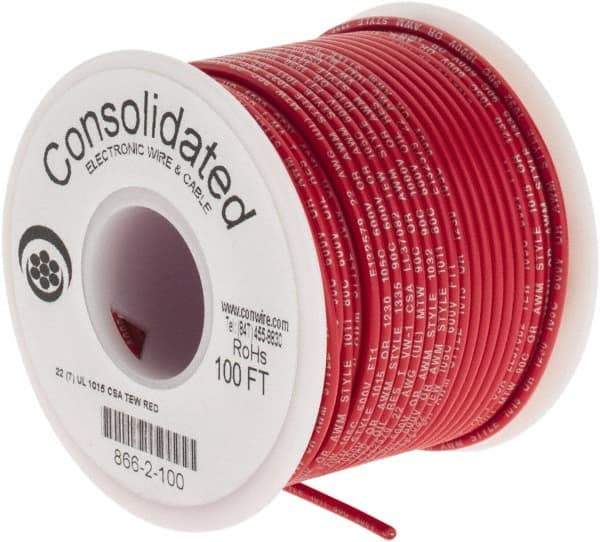 Made in USA - 22 AWG, 7 Strand, 100' OAL, Tinned Copper Hook Up Wire - Red PVC Jacket, 0.091" Diam - Industrial Tool & Supply