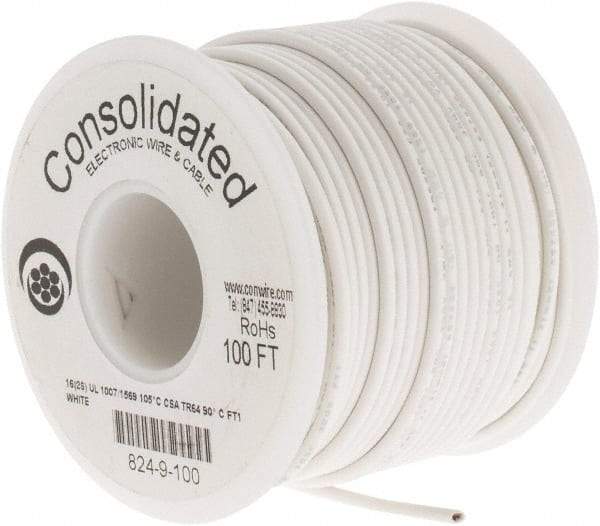 Made in USA - 16 AWG, 26 Strand, 100' OAL, Tinned Copper Hook Up Wire - White PVC Jacket, 0.092" Diam - Industrial Tool & Supply