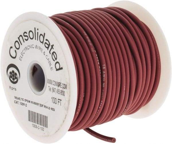 Made in USA - 18 AWG, 65 Strand, 100' OAL, Tinned Copper Hook Up Wire - Red EPDM Jacket, 0.145" Diam - Industrial Tool & Supply