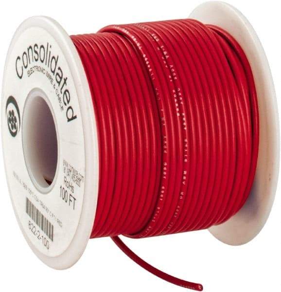 Made in USA - 18 AWG, 16 Strand, 100' OAL, Tinned Copper Hook Up Wire - Red PVC Jacket, 0.08" Diam - Industrial Tool & Supply