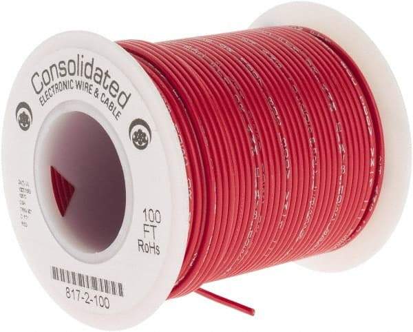 Made in USA - 24 AWG, 7 Strand, 100' OAL, Tinned Copper Hook Up Wire - Red PVC Jacket, 0.056" Diam - Industrial Tool & Supply