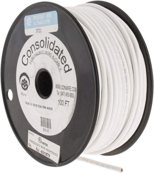 Made in USA - 12 AWG, 65 Strand, 100' OAL, Tinned Copper Hook Up Wire - White PVC Jacket, 0.155" Diam - Industrial Tool & Supply