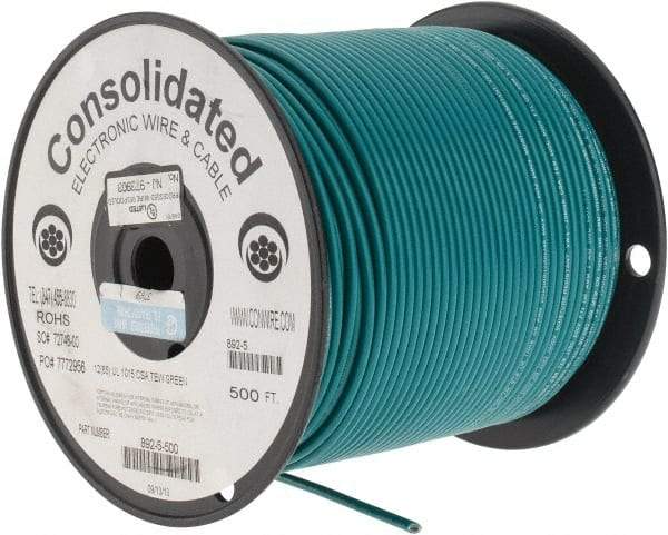 Made in USA - 12 AWG, 65 Strand, 500' OAL, Tinned Copper Hook Up Wire - Green PVC Jacket, 0.155" Diam - Industrial Tool & Supply