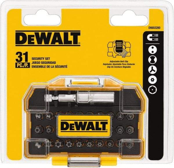 DeWALT - 31 Piece, Screwdriver Tamperproof Bit Set - 3/32, 7/64, 1/8, 9/64, 5/32, 5/16", 2, 2.5, 3, 4mm Hex, T8, T10, T15, T20, T25, T30, T35, T40 Torx, #4, #6, #8, #10 Spanner, #1, #2, #3, #4 Tri-Wing & #6 Clutch Type G - Industrial Tool & Supply