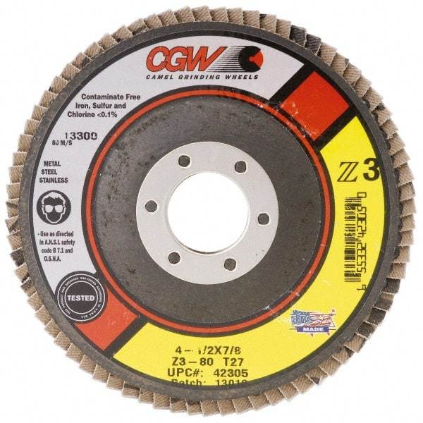 Camel Grinding Wheels - 80 Grit, 7" Disc Diam, 5/8-11 Center Hole, Type 27 Zirconia Alumina Flap Disc - 8,600 Max RPM, Poly Cotton Backing, Arbor Attaching System, Coated - Industrial Tool & Supply