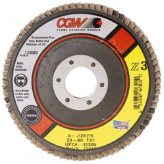 Camel Grinding Wheels - 80 Grit, 7" Disc Diam, 5/8-11 Center Hole, Type 27 Zirconia Alumina Flap Disc - 8,600 Max RPM, Poly Cotton Backing, Arbor Attaching System, Coated - Industrial Tool & Supply