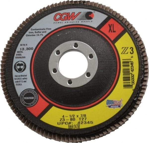 Camel Grinding Wheels - 80 Grit, 4-1/2" Disc Diam, 7/8" Center Hole, Type 27 Zirconia Alumina Flap Disc - 13,300 Max RPM, Poly Cotton Backing, Arbor Attaching System, Coated - Industrial Tool & Supply