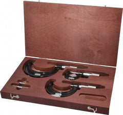 Starrett - 0 to 3" Range, 3 Piece Mechanical Outside Micrometer Set - 0.0001" Graduation, Ratchet Stop Thimble, Carbide Tipped Face - Industrial Tool & Supply