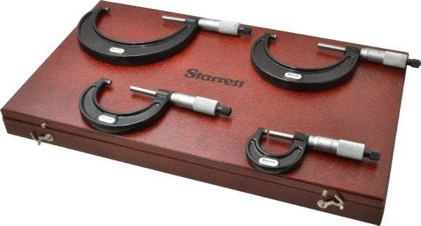 Starrett - 0 to 4" Range, 4 Piece Mechanical Outside Micrometer Set - 0.0001" Graduation, Ratchet Stop Thimble, Carbide Tipped Face - Industrial Tool & Supply