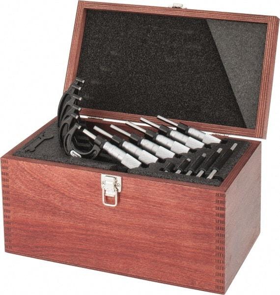 Starrett - 0 to 6" Range, 6 Piece Mechanical Outside Micrometer Set - 0.0001" Graduation, Ratchet Stop Thimble, Carbide Tipped Face - Industrial Tool & Supply