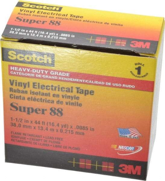 3M - 1-1/2" x 44', Black Vinyl Electrical Tape - Series 88, 8.5 mil Thick, 20 Lb./Inch Tensile Strength - Industrial Tool & Supply