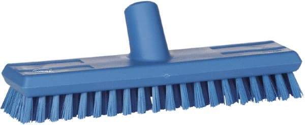 Vikan - 1" Bristle Length, Polyester Scrub Brush - 10-5/8" Long x 2-1/2" Wide Head, 11" OAL, European Threaded Handle, Blue, Polypropylene Block - Industrial Tool & Supply