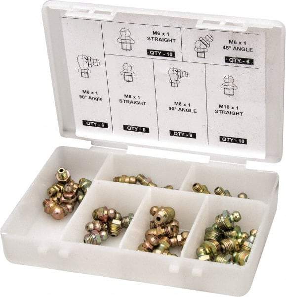 PRO-LUBE - 44 Piece, Metric, Box Plastic Steel Grease Fitting Set - Includes Metric Thread Types, Includes M10x1: (10) Straight, M6x1: (10) Straight, (6) 45°, (6) 90°, M8x1: (8) Straight, (8) 90° - Industrial Tool & Supply