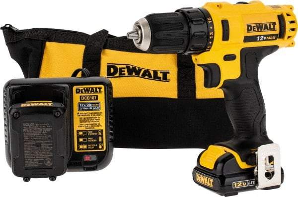 DeWALT - 12 Volt 3/8" Chuck Pistol Grip Handle Cordless Drill - 0-400 & 0-1500 RPM, Keyless Chuck, Reversible, 2 Lithium-Ion Batteries Included - Industrial Tool & Supply