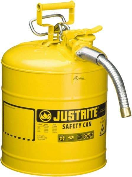 Justrite - 5 Gal Galvanized Steel Self-Closing, Self-Venting, Full-Length Flame Arrester - 16-7/8" High x 11-3/4" Diam, Yellow - Industrial Tool & Supply