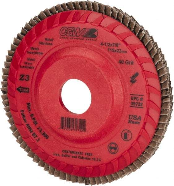 Camel Grinding Wheels - 40 Grit, 4-1/2" Disc Diam, 7/8" Center Hole, Type 27 Zirconia Alumina Flap Disc - 13,300 Max RPM, Poly Cotton Backing, Arbor Attaching System, Coated - Industrial Tool & Supply
