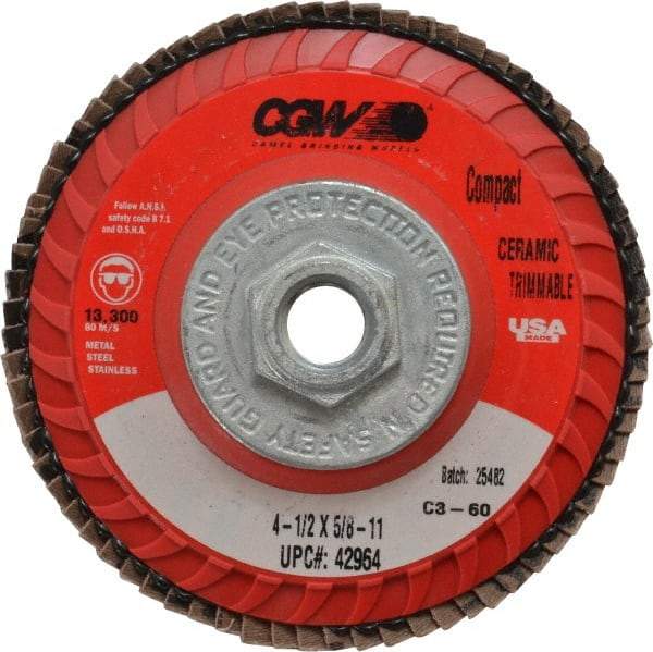 Camel Grinding Wheels - 60 Grit, 4-1/2" Disc Diam, 5/8-11 Center Hole, Type 27 Ceramic Flap Disc - 13,300 Max RPM, Polyester Backing, Arbor Attaching System, Coated - Industrial Tool & Supply