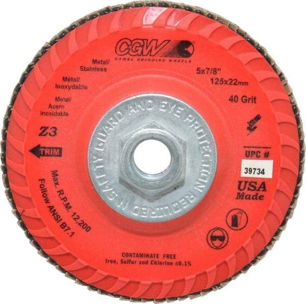 Camel Grinding Wheels - 40 Grit, 5" Disc Diam, 5/8-11 Center Hole, Type 27 Zirconia Alumina Flap Disc - 12,200 Max RPM, Poly Cotton Backing, Arbor Attaching System, Coated - Industrial Tool & Supply