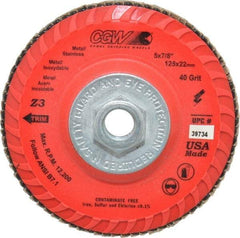 Camel Grinding Wheels - 40 Grit, 5" Disc Diam, 5/8-11 Center Hole, Type 27 Zirconia Alumina Flap Disc - 12,200 Max RPM, Poly Cotton Backing, Arbor Attaching System, Coated - Industrial Tool & Supply