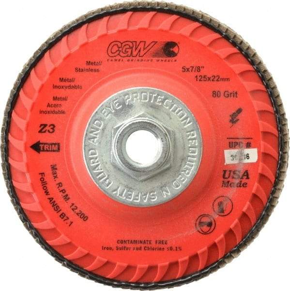 Camel Grinding Wheels - 80 Grit, 5" Disc Diam, 5/8-11 Center Hole, Type 27 Zirconia Alumina Flap Disc - 12,200 Max RPM, Poly Cotton Backing, Arbor Attaching System, Coated - Industrial Tool & Supply