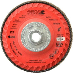 Camel Grinding Wheels - 80 Grit, 5" Disc Diam, 5/8-11 Center Hole, Type 27 Zirconia Alumina Flap Disc - 12,200 Max RPM, Poly Cotton Backing, Arbor Attaching System, Coated - Industrial Tool & Supply