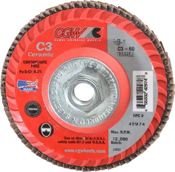 Camel Grinding Wheels - 60 Grit, 5" Disc Diam, 5/8-11 Center Hole, Type 27 Ceramic Flap Disc - 12,200 Max RPM, Polyester Backing, Arbor Attaching System, Coated - Industrial Tool & Supply