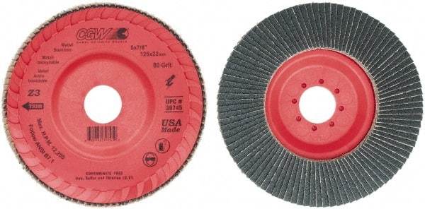 Camel Grinding Wheels - 80 Grit, 5" Disc Diam, 7/8" Center Hole, Type 27 Zirconia Alumina Flap Disc - 12,200 Max RPM, Poly Cotton Backing, Arbor Attaching System, Coated - Industrial Tool & Supply