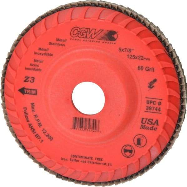 Camel Grinding Wheels - 60 Grit, 5" Disc Diam, 7/8" Center Hole, Type 27 Zirconia Alumina Flap Disc - 12,200 Max RPM, Poly Cotton Backing, Arbor Attaching System, Coated - Industrial Tool & Supply