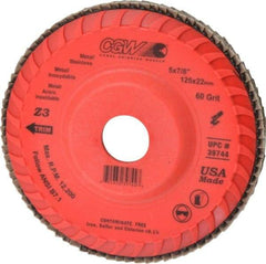 Camel Grinding Wheels - 60 Grit, 5" Disc Diam, 7/8" Center Hole, Type 27 Zirconia Alumina Flap Disc - 12,200 Max RPM, Poly Cotton Backing, Arbor Attaching System, Coated - Industrial Tool & Supply