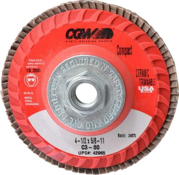 Camel Grinding Wheels - 80 Grit, 4-1/2" Disc Diam, 5/8-11 Center Hole, Type 27 Ceramic Flap Disc - 13,300 Max RPM, Polyester Backing, Arbor Attaching System, Coated - Industrial Tool & Supply