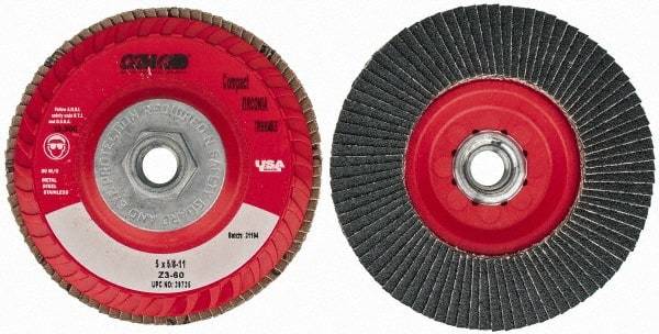 Camel Grinding Wheels - 60 Grit, 5" Disc Diam, 5/8-11 Center Hole, Type 27 Zirconia Alumina Flap Disc - 12,200 Max RPM, Poly Cotton Backing, Arbor Attaching System, Coated - Industrial Tool & Supply