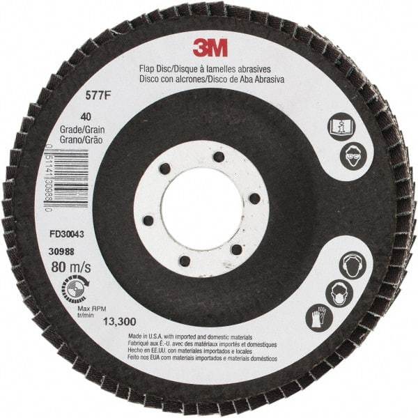 3M - 40 Grit, 4-1/2" Disc Diam, 7/8" Center Hole, Type 29 Zirconia Alumina Flap Disc - 13,300 Max RPM, Cloth Backing, Arbor Attaching System, Coated - Industrial Tool & Supply