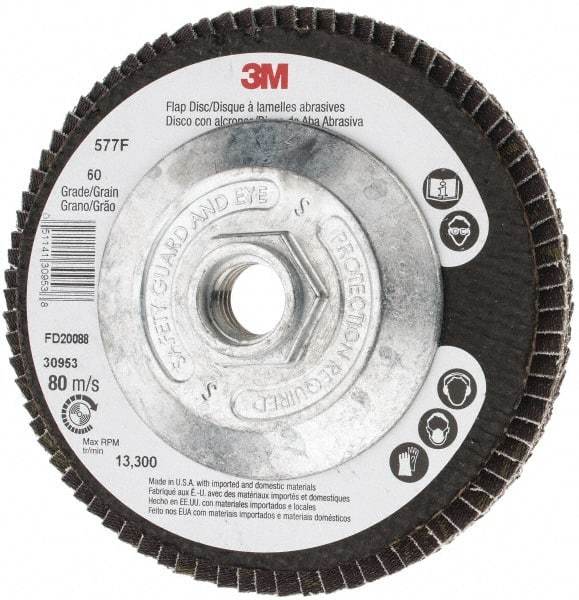 3M - 60 Grit, 4-1/2" Disc Diam, 5/8-11 Center Hole, Type 27 Zirconia Alumina Flap Disc - 13,300 Max RPM, Cloth Backing, Arbor Attaching System, Coated - Industrial Tool & Supply