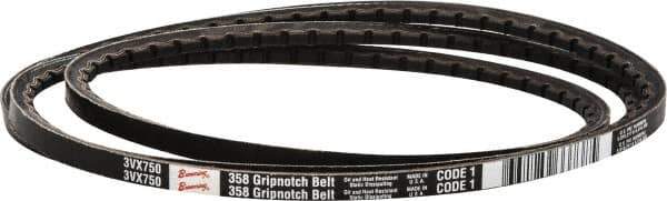 Browning - Section 3VX, 3/8" Wide, 75" Outside Length, Gripnotch V-Belt - Rubber Compound, 358 Gripnotch, No. 3VX750 - Industrial Tool & Supply