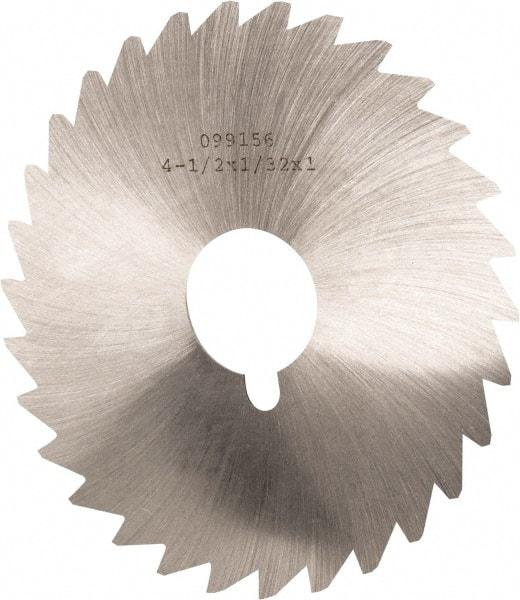 Made in USA - 4-1/2" Diam x 1/32" Blade Thickness x 1" Arbor Hole Diam, 36 Tooth Slitting and Slotting Saw - Arbor Connection, Right Hand, Uncoated, High Speed Steel, Concave Ground, Contains Keyway - Industrial Tool & Supply