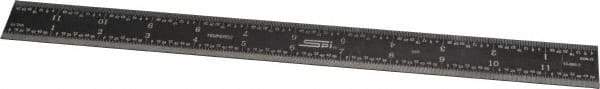 SPI - 12" Long, 1/100, 1/64, 1/50, 1/32" Graduation, Rigid Steel Rule - 16R Graduation Style, 1" Wide, Black, Black Chrome Finish - Industrial Tool & Supply