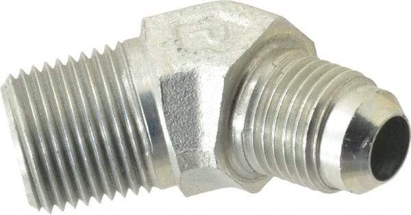 Parker - 3/8" Tube OD, 37° Steel Flared Tube Male 45° Elbow - 3/8 NPTF, Flare x MNPTF Ends - Industrial Tool & Supply