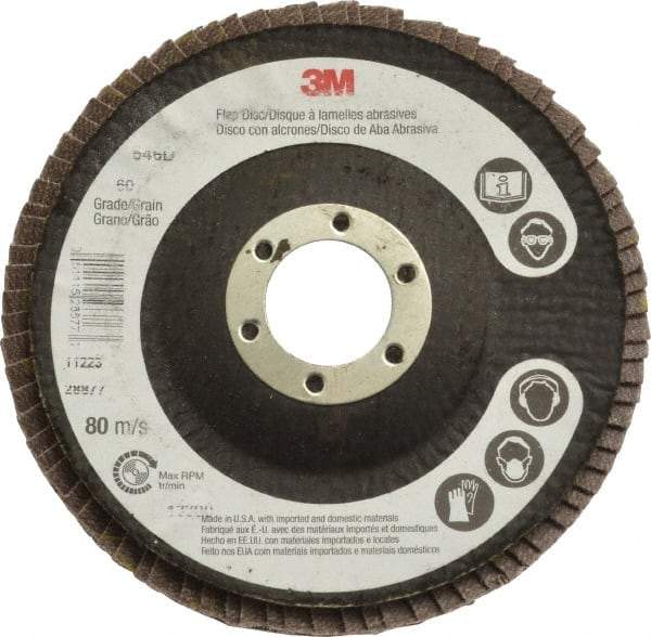 3M - 60 Grit, 4-1/2" Disc Diam, 7/8" Center Hole, Type 29 Zirconia Alumina Flap Disc - Cloth Backing, Arbor Attaching System, Coated - Industrial Tool & Supply