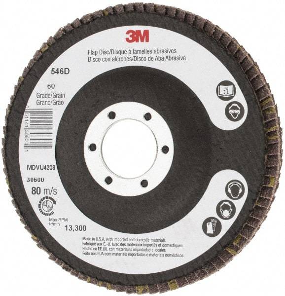 3M - 60 Grit, 4-1/2" Disc Diam, 7/8" Center Hole, Type 27 Zirconia Alumina Flap Disc - 13,300 Max RPM, Cloth Backing, Arbor Attaching System, Coated - Industrial Tool & Supply